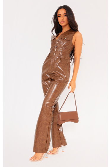 Petite Washed Brown Faux Leather Jumpsuit