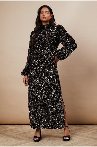 Occasion Velvet Sequin High Neck Dress
