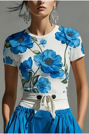 Short Sleeves Contrast Color Flower Print Round-Neck T-Shirts Tops