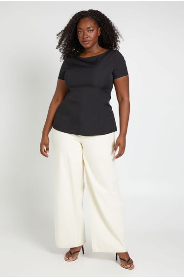 Plus Cap Sleeve Tailored Peplum Top - black