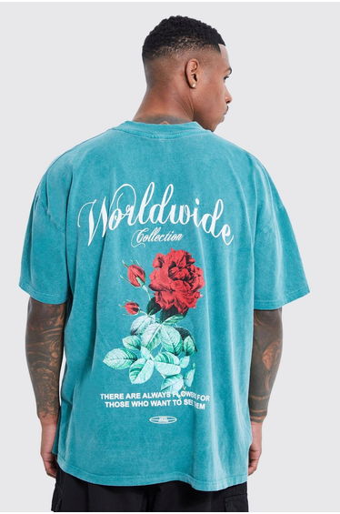 Oversized Overdye Worldwide Floral Graphic T-shirt - dark green