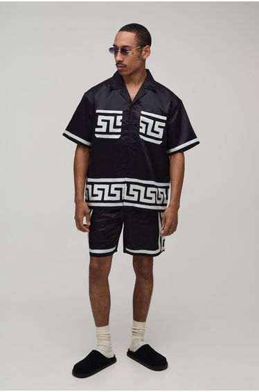 Oversized Short Sleeve Abstract Boarder Print Satin Shirt & Short Set - black