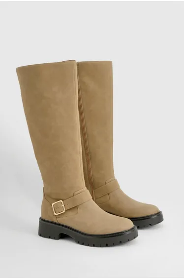 Buckle Detail Chunky Knee High Boot - taupe