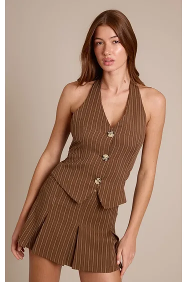 Chocolate Tailored Woven Herringbone Halterneck Top