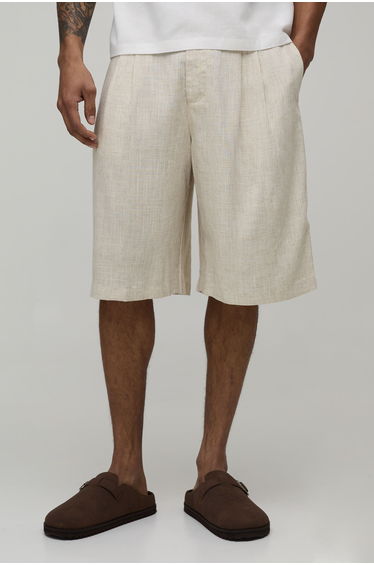 Relaxed Fit Half & Half Waist Linen Blend Jort - natural