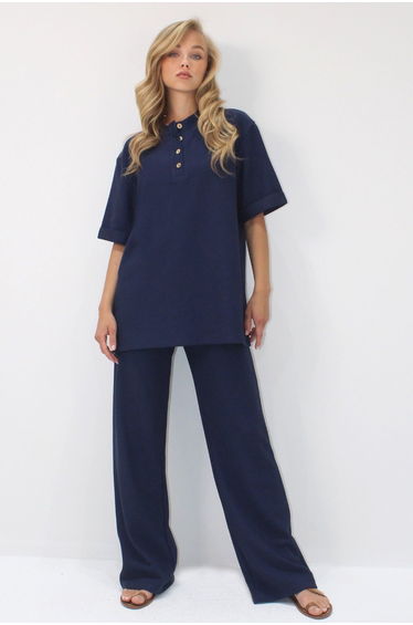 Women's Navy Blue Double Sleeve Buttoned Collar Trousers Top and Bottom Set