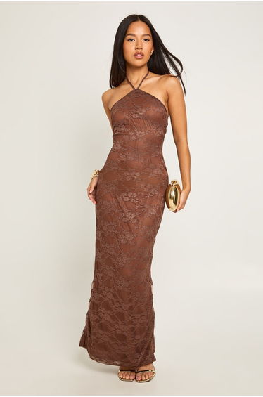 Petite Lace Halter Neck Maxi Column Dress - chocolate