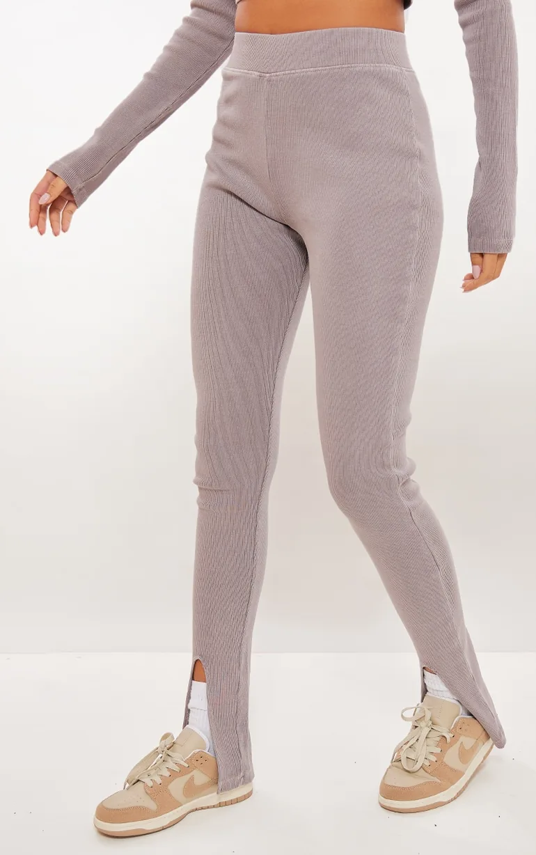 Tall Taupe Washed Ribbed Split Hem Trousers - 1