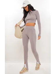 Tall Taupe Washed Ribbed Split Hem Trousers