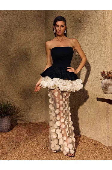 Chaka Strapless Flower Mesh Maxi Dress