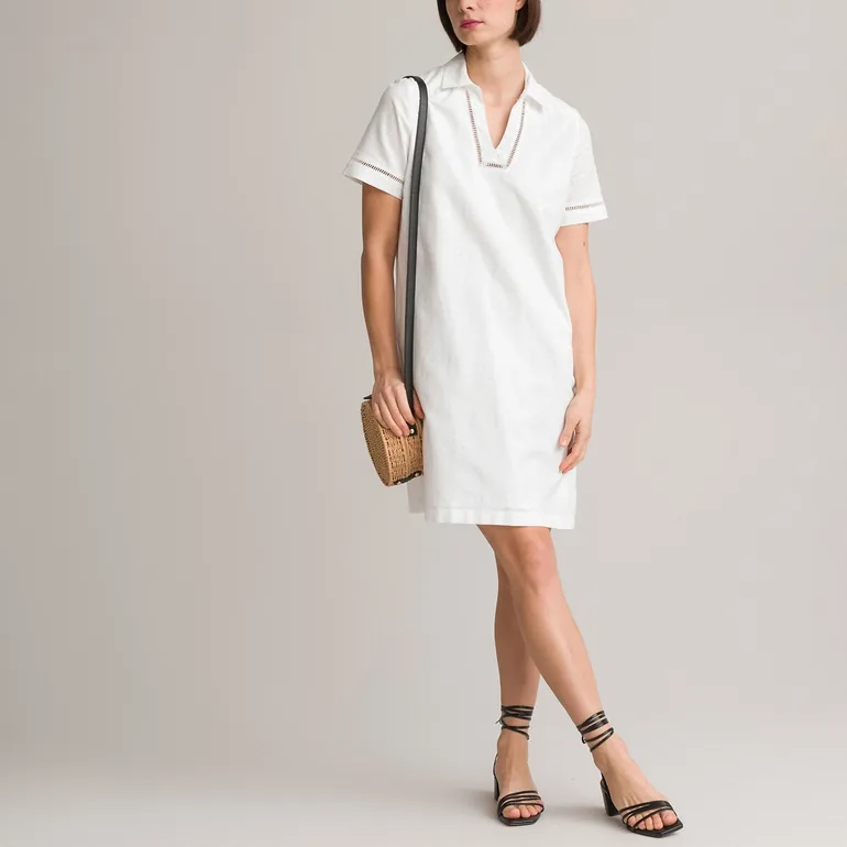 Linen/Cotton Shift Dress with Short Sleeves - 1