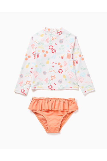 Swim Set With Uv 80 Protection And Motif For Babies And Girls, White/Orange