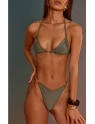 Sage Gold Trim Detail Tanga Thong Bikini Bottoms - 1