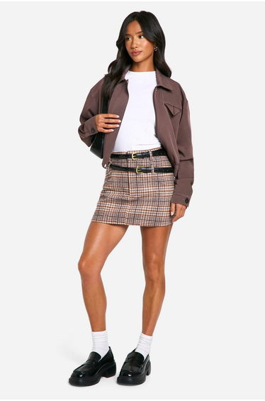 Petite Check Wool Look Micro Mini Skirt - stone