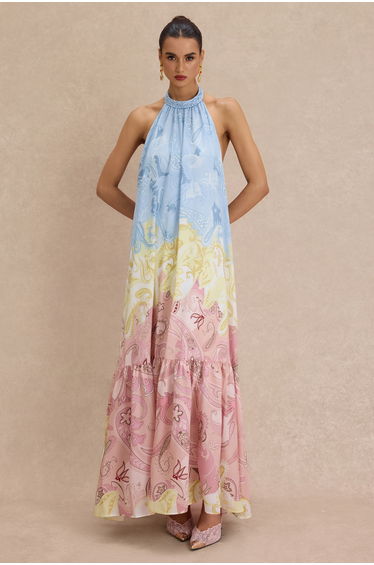 Paisley Print Halter Neck Backless Maxi Dress