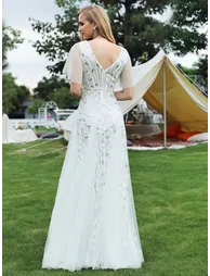 Deep V Neck Sequin Evening Gown With Short Sleeves - 3