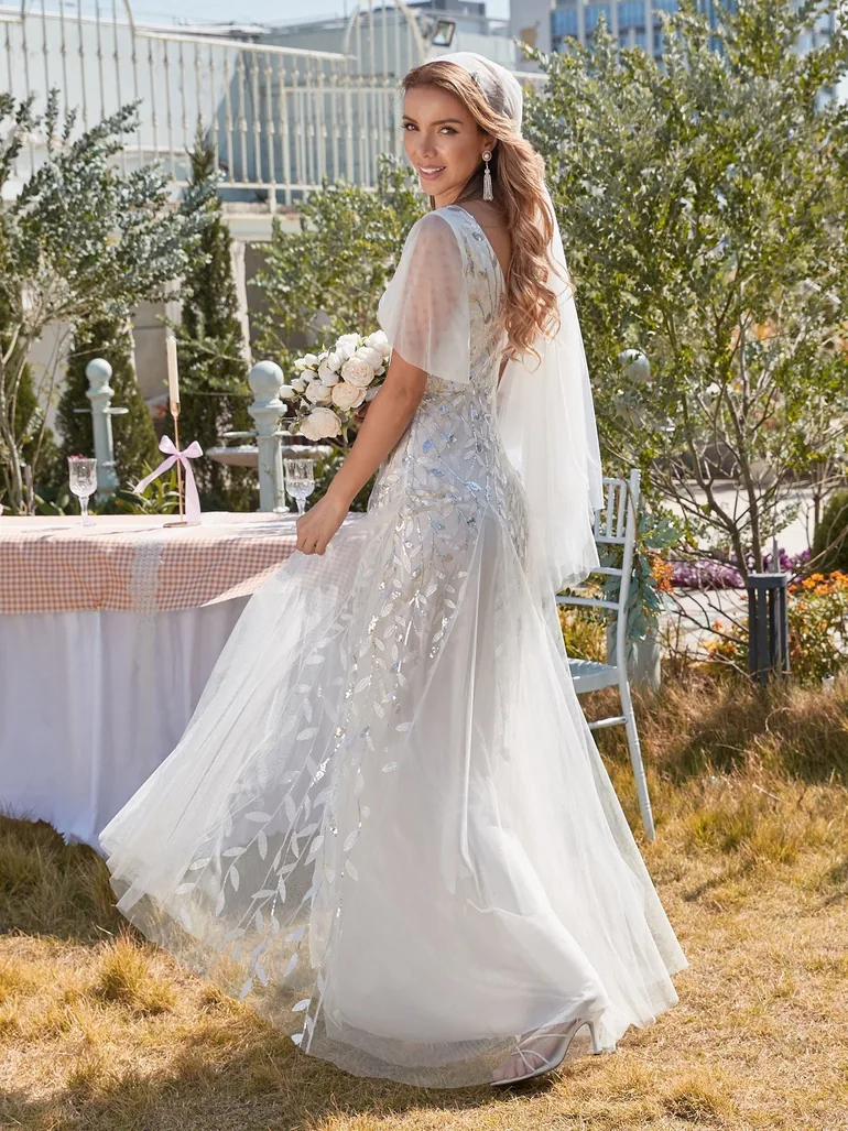 Deep V Neck Sequin Evening Gown With Short Sleeves - 1