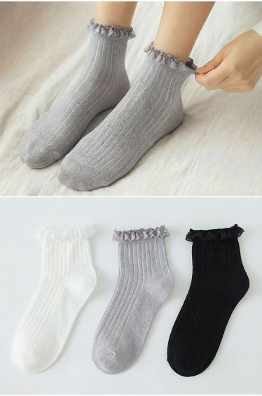 3-Pack Multi Color Cotton Floral Lace Detail Knitted Socks