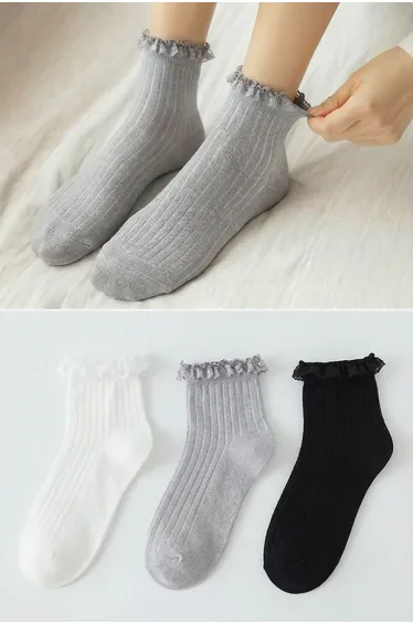 3-Pack Multi Color Cotton Floral Lace Detail Knitted Socks