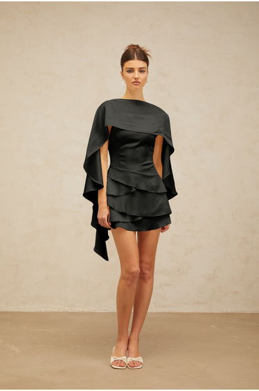 Lyna Black Satin Ruffled Mini Dress with Shawl Panel Detail
