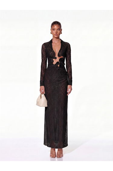 Fylorix Plunge Neck Lace Maxi Dress In Black