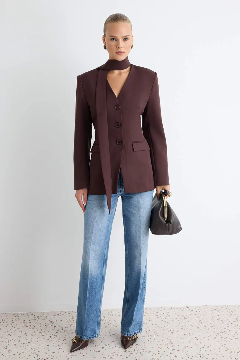 Brown Self-Foulard Regular Fit Blazer Jacket