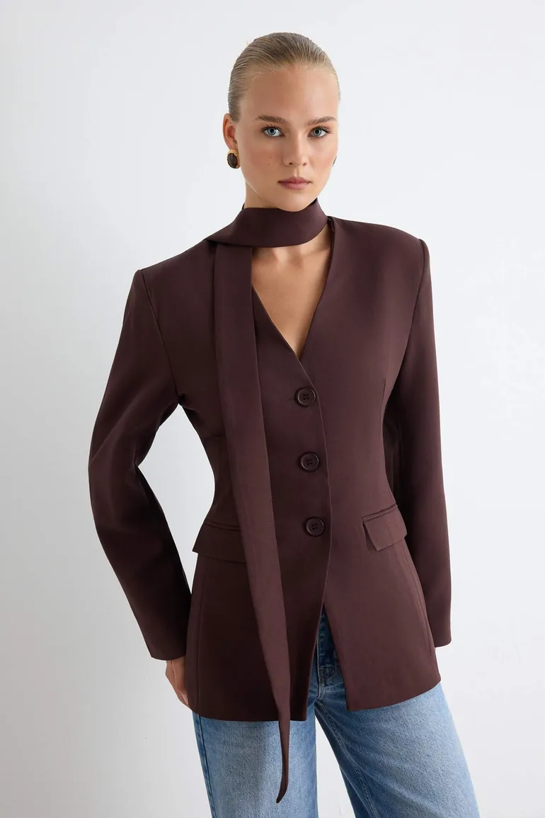 Brown Self-Foulard Regular Fit Blazer Jacket - 1