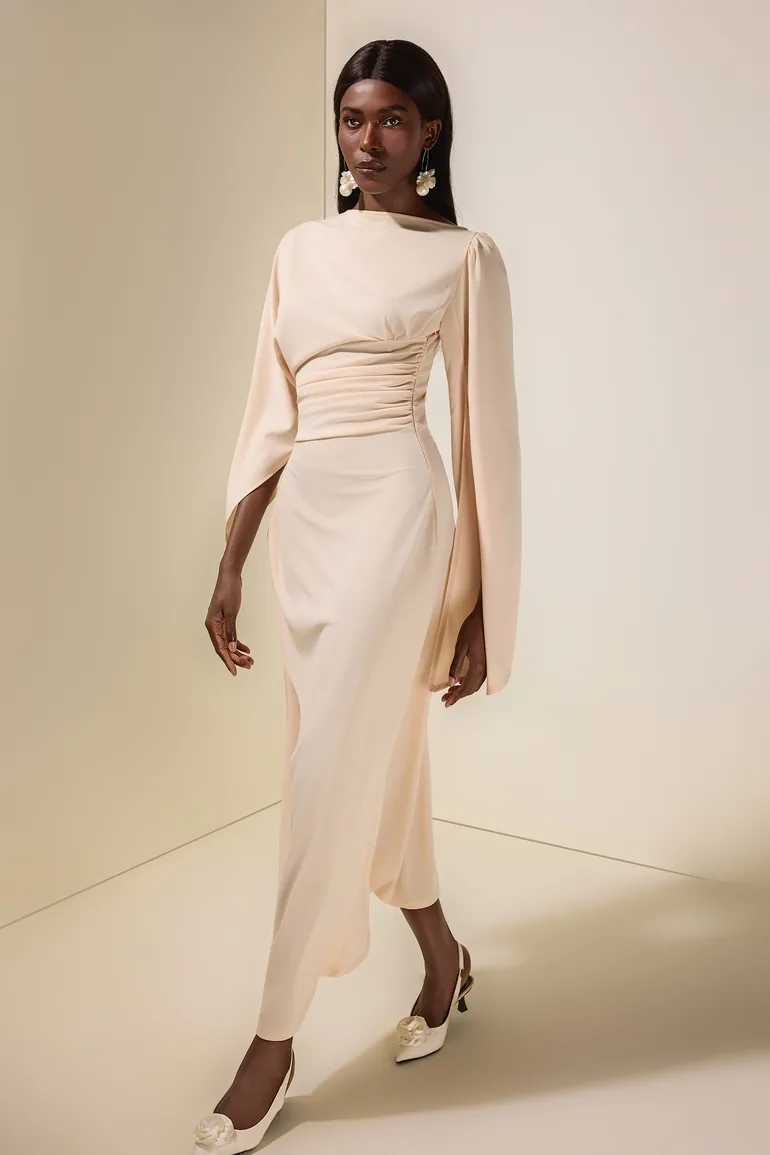 فستان ماكسي بأكمام كاب جيرسية مزموم - 3