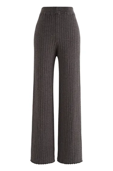 Ribbed Straight Leg Knit Pants in Smoke