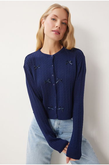 Women's Navy Blue Bow Knitted Sweater Cardigan