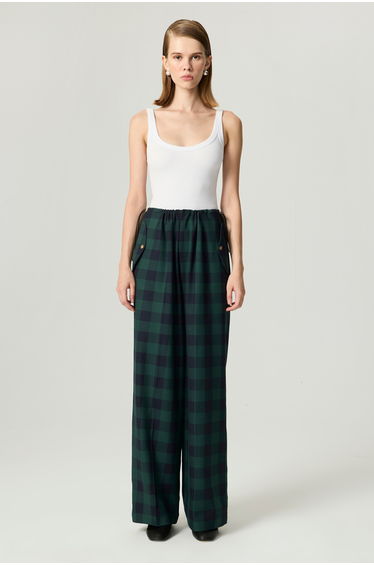Emerald Check Drawstring Wide-Leg Pants