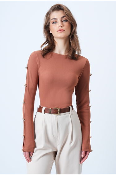 Women's cinnamon brown crew neck blouse with gold button detail