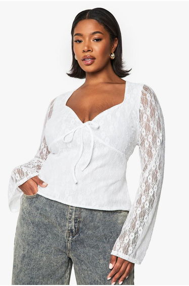 PLUS TIE FRONT LONG SLEEVE FLARE SLEEVE TOP