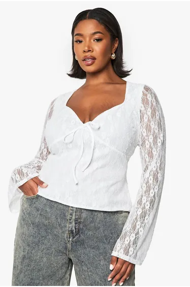 PLUS TIE FRONT LONG SLEEVE FLARE SLEEVE TOP
