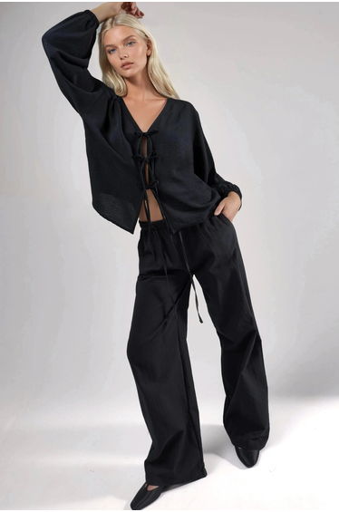 Oversized V-Neck Tie Closure Blouse