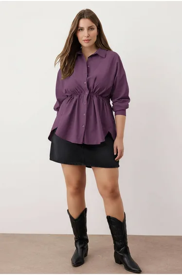 Purple smocked long sleeve woven plus size shirt