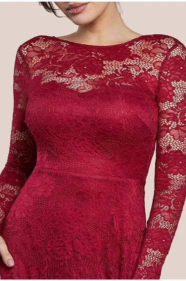 Goddiva Scalloped Lace A-Line Maxi Dress - Wine