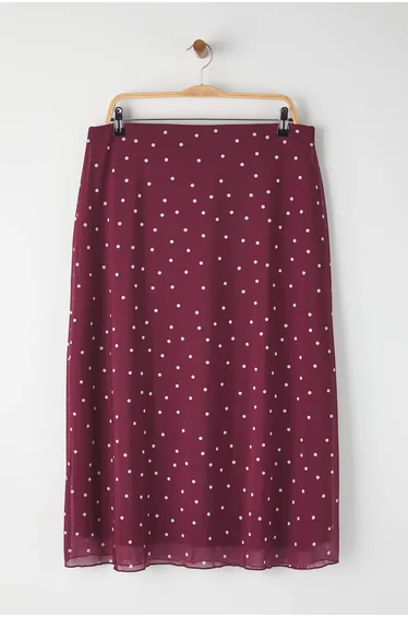 Burgundy A-Line Polka Dot Patterned Tulle Knit Plus Size Skirt