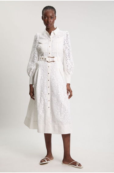 Cotton Cutwork Woven Shirt Midi Dress