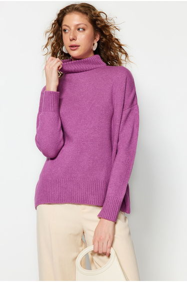 Purple Wide Fit Soft Textured Stand-Up Collar Knitwear Sweater