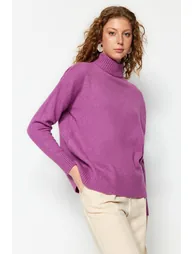 Purple Wide Fit Soft Textured Stand-Up Collar Knitwear Sweater - 5