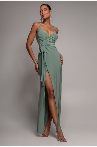 Wrap Front Maxi Slip Dress With Waist Tie-Up - Dark Sage by Goddiva