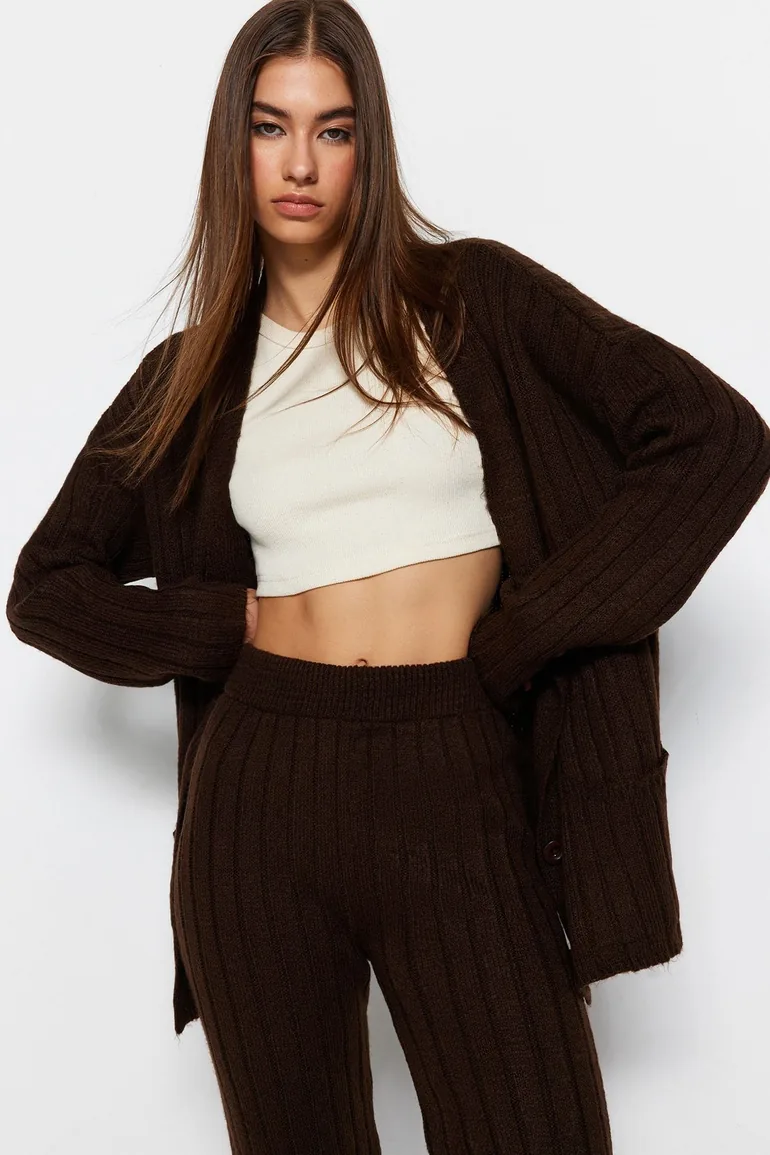 Brown Wide fit Soft Textured Knitwear Top-Top Set - 5