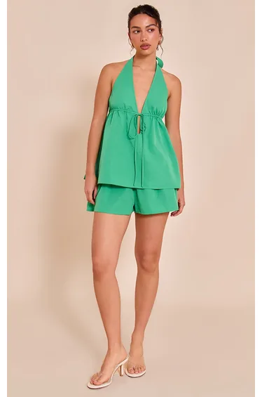 Green Woven Floaty Mid Rise Shorts