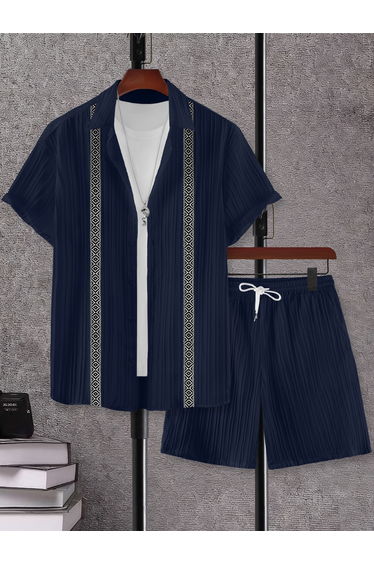 Men Navy Blue Jacquard Detail Short Sleeve Button Front Shirt and Shorts Co-Ords