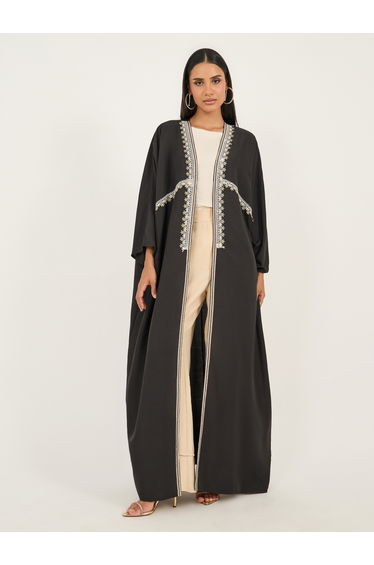Lace Trim Collarless Open Front Abaya