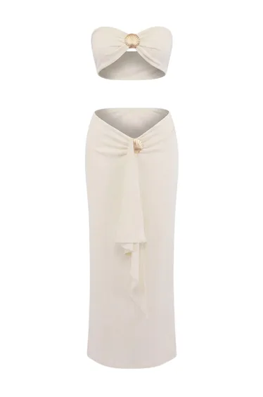 Ecru Knitted Strapless Maxi Wrap Beach Blouse Skirt Set with Draped Accessories