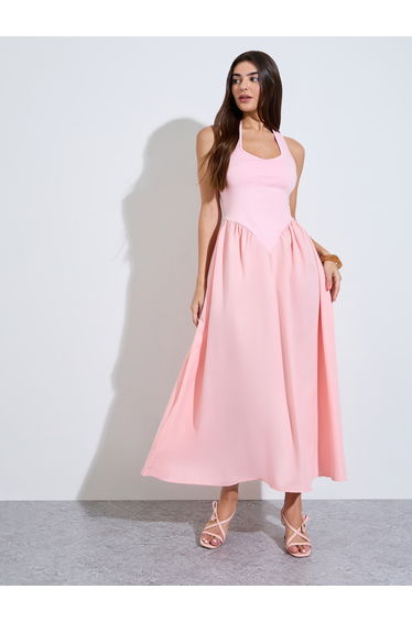 Pink Halter Neck A-Line Maxi Dress
