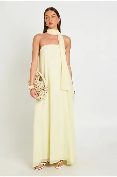 Scarf Detail Trapeze Floor Sweeping Maxi Dress - lemon