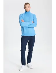 Men's Blue Standard Fit Regular Cut Full Turtleneck Ruffled Soft Textured Knitwear Sweater